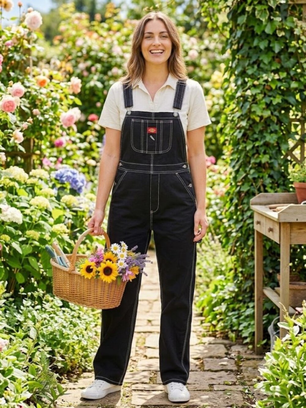 Dickies Girl Black Carpenter Overalls Contrast Stitch Utility Bib Large